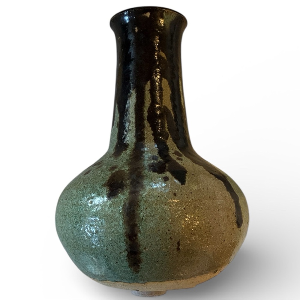 Ceramic Vase Vtg Brown Green Tan Drip Glaze Very Heavy 4.6LBS No Flaws Felt Feet
